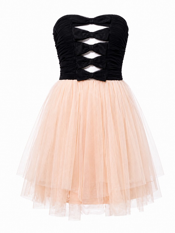 【新品DRESS 1933】リボンモチーフフロントカットベアトップドッキングフレアミニドレス ブラック【LACE＆BEADS】